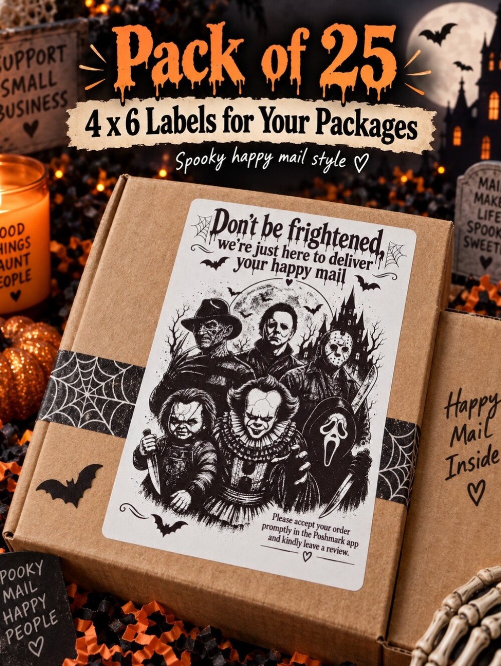 Pack of 25 Spooky Horror Happy Mail 4x6 Package Labels